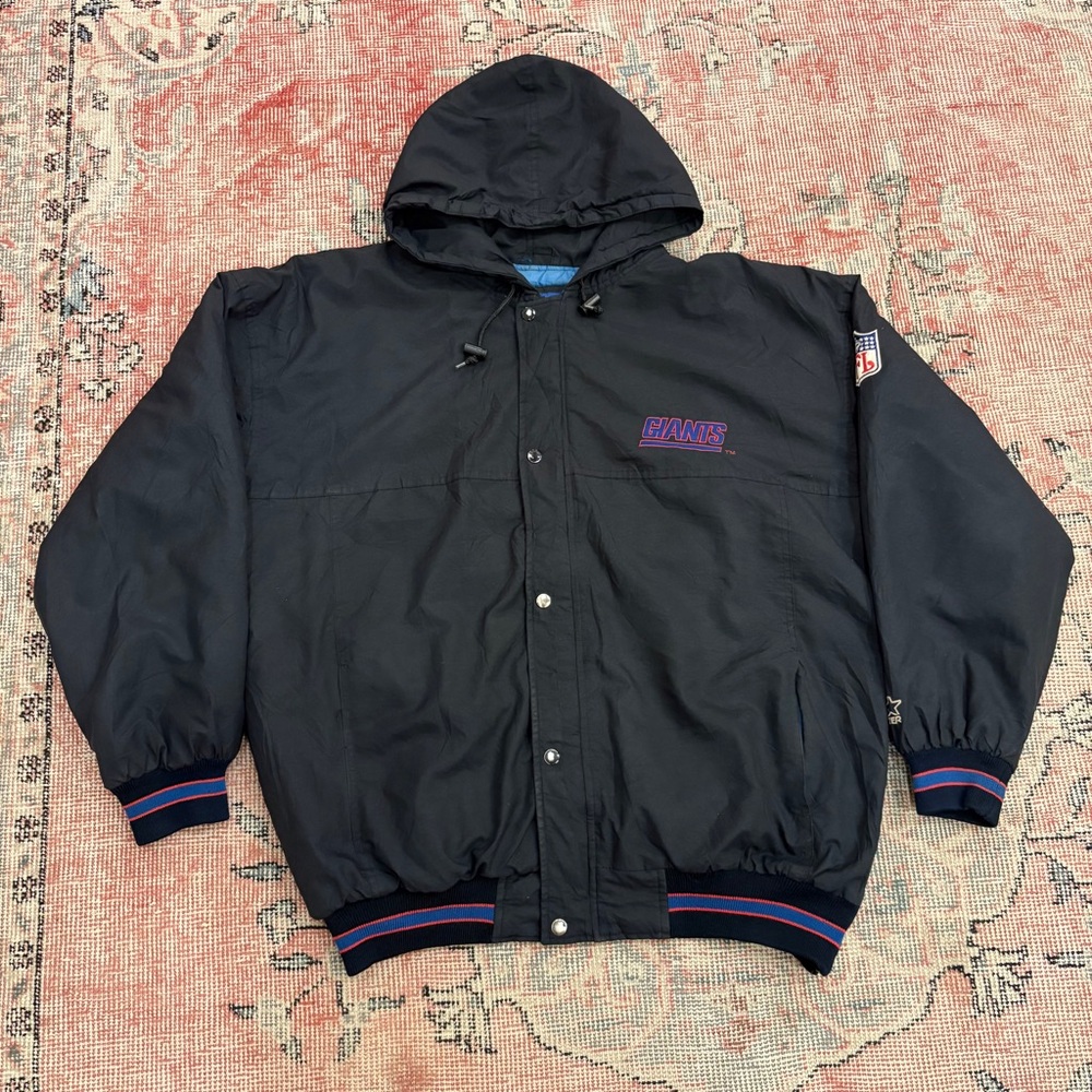 Vintage Starter New York Giants Jacket XL NFL Hooded Puffer Coat Black Blue USA